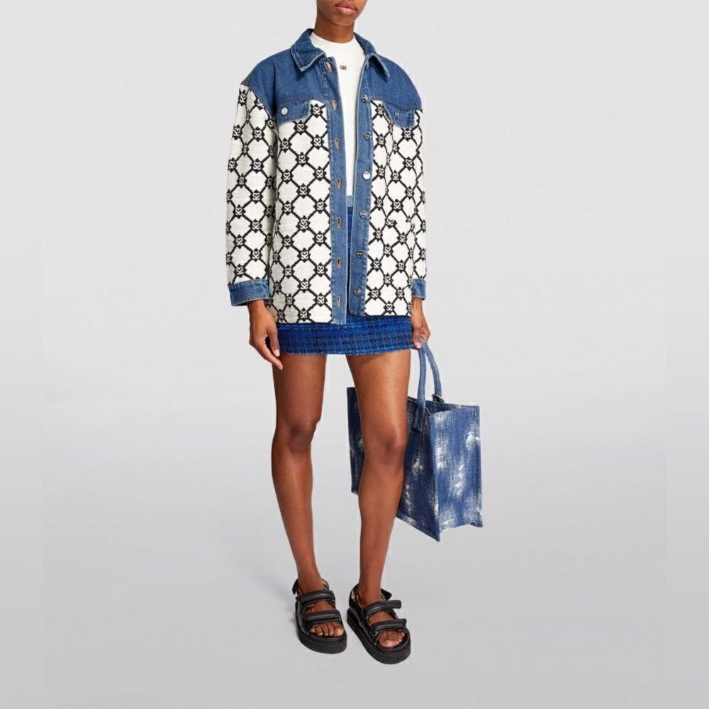 Sandro Blue and White Patterned Denim-Panel Jacket